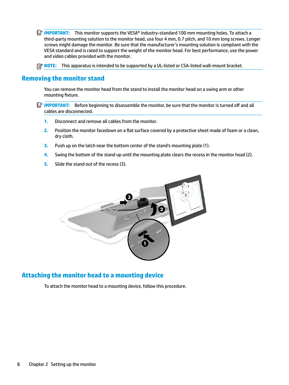Removing the monitor stand, Attaching the monitor head to a mounting device | HP E27d G4 27" 16:9 Advanced Docking IPS Monitor User Manual | Page 16 / 52