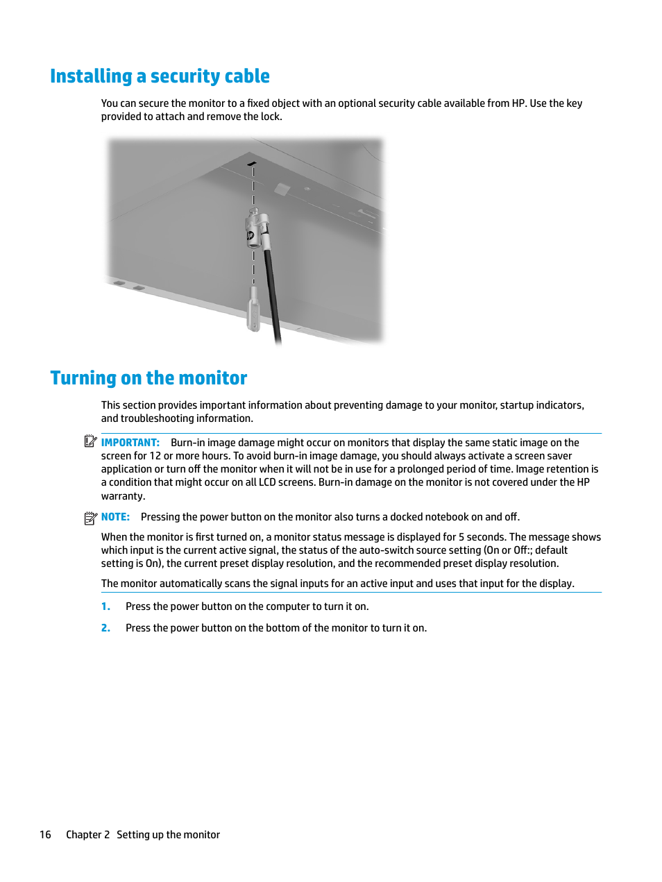 Installing a security cable, Turning on the monitor, Installing a security cable turning on the monitor | HP E27d G4 27" 16:9 Advanced Docking IPS Monitor User Manual | Page 24 / 52