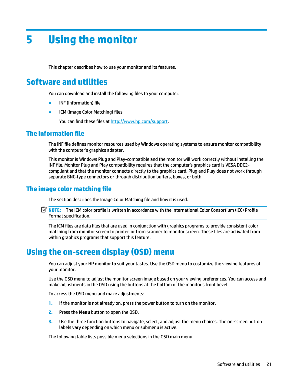 Using the monitor, Software and utilities, The information file | The image color matching file, Using the on-screen display (osd) menu, 5 using the monitor, The information file the image color matching file, 5using the monitor | HP E27d G4 27" 16:9 Advanced Docking IPS Monitor User Manual | Page 29 / 52