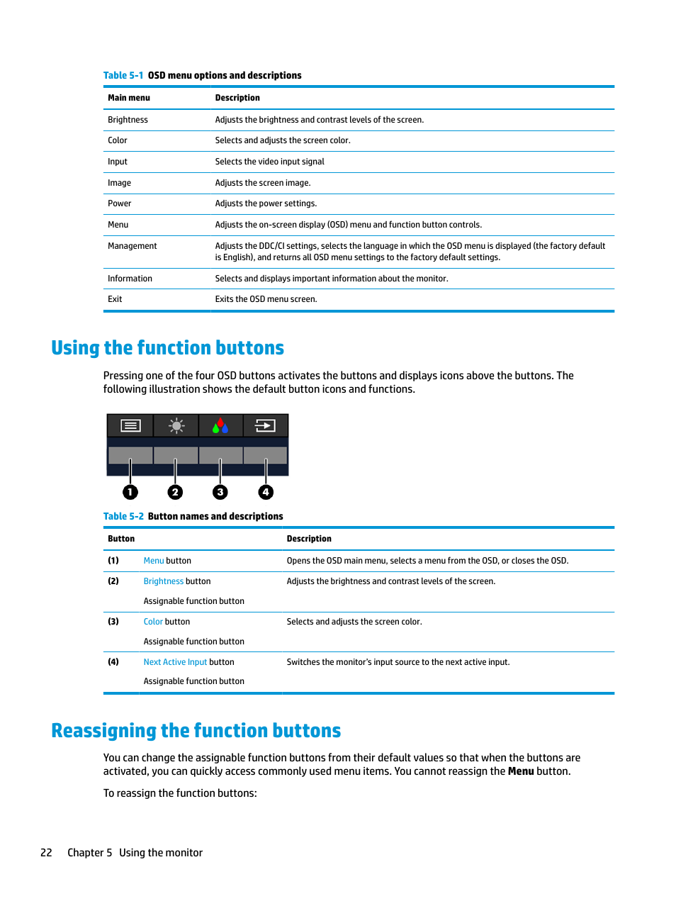 Using the function buttons, Reassigning the function buttons | HP E27d G4 27" 16:9 Advanced Docking IPS Monitor User Manual | Page 30 / 52