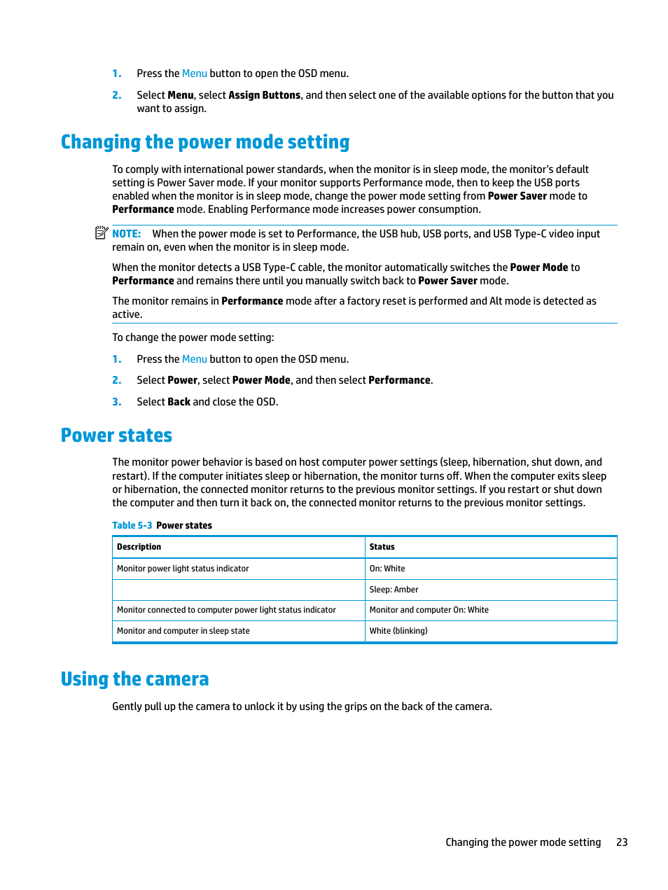 Changing the power mode setting, Power states, Using the camera | HP E27d G4 27" 16:9 Advanced Docking IPS Monitor User Manual | Page 31 / 52