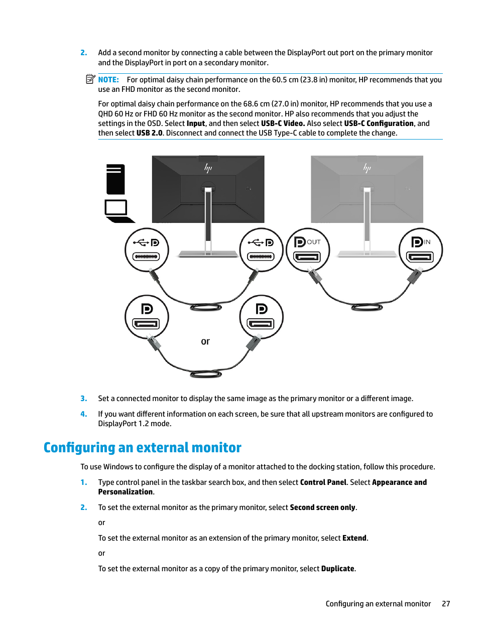 Configuring an external monitor | HP E27d G4 27" 16:9 Advanced Docking IPS Monitor User Manual | Page 35 / 52