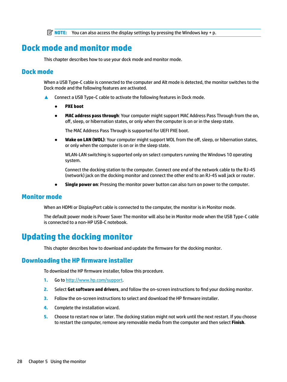 Dock mode and monitor mode, Dock mode, Monitor mode | Updating the docking monitor, Downloading the hp firmware installer, Dock mode monitor mode | HP E27d G4 27" 16:9 Advanced Docking IPS Monitor User Manual | Page 36 / 52