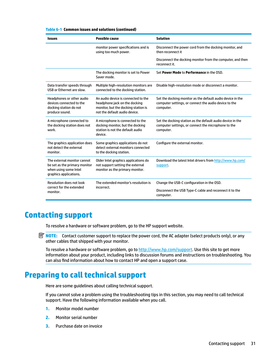 Contacting support, Preparing to call technical support | HP E27d G4 27" 16:9 Advanced Docking IPS Monitor User Manual | Page 39 / 52
