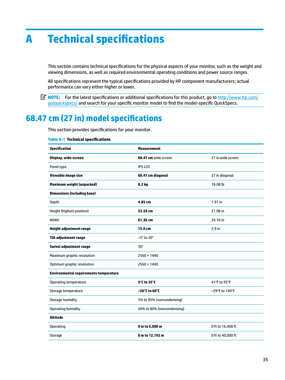 Technical specifications, 47 cm (27 in) model specifications, Appendix a technical specifications | Atechnical specifications | HP E27d G4 27" 16:9 Advanced Docking IPS Monitor User Manual | Page 43 / 52