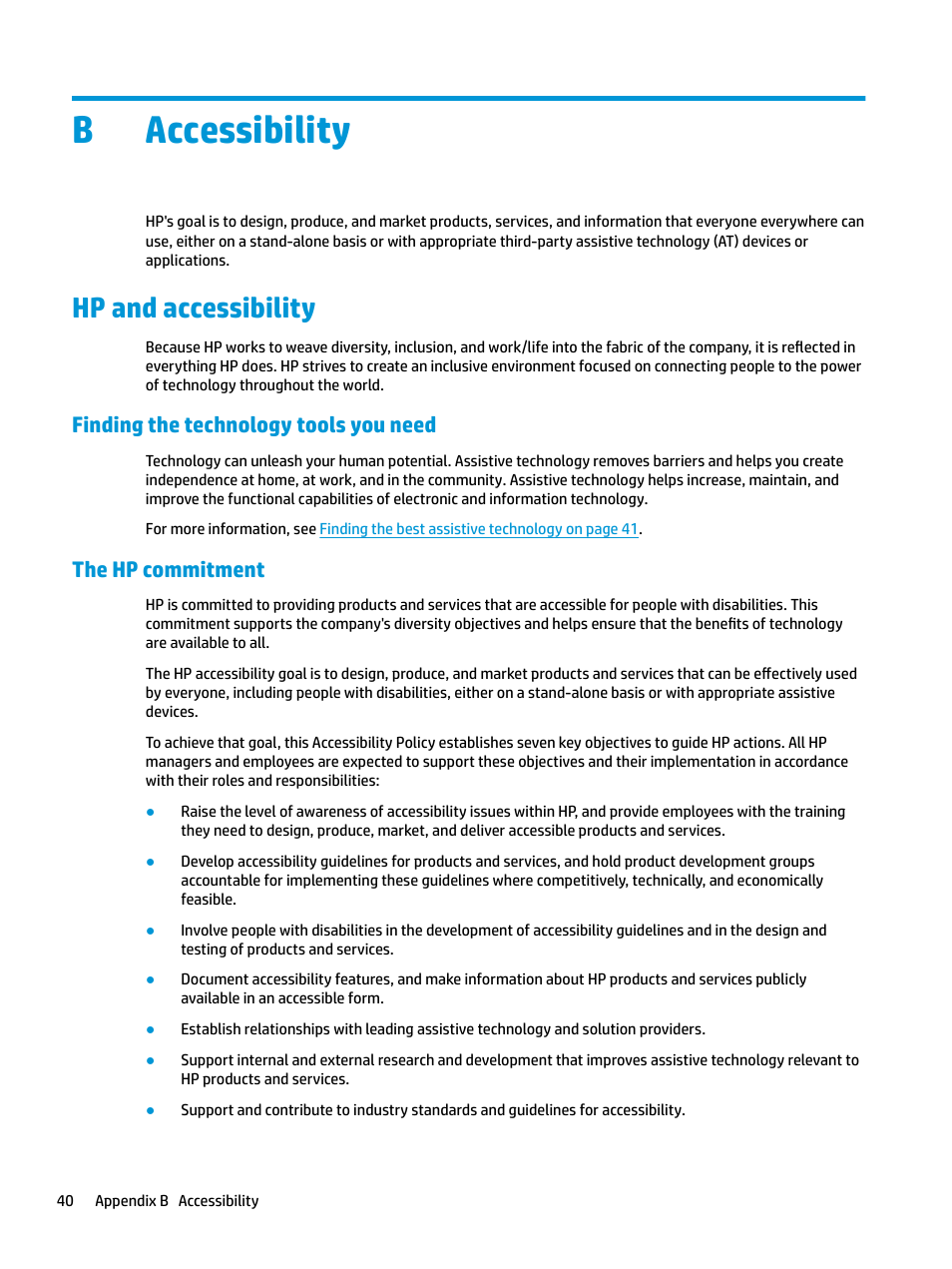 Accessibility, Hp and accessibility, Finding the technology tools you need | The hp commitment, Appendix b accessibility, Baccessibility | HP E27d G4 27" 16:9 Advanced Docking IPS Monitor User Manual | Page 48 / 52
