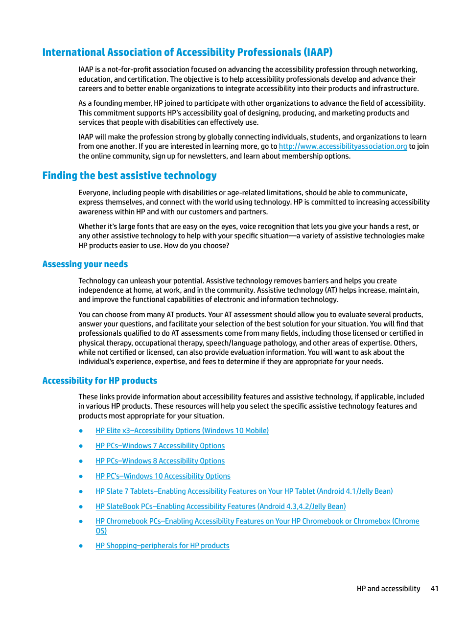 Finding the best assistive technology, Assessing your needs, Accessibility for hp products | Assessing your needs accessibility for hp products | HP E27d G4 27" 16:9 Advanced Docking IPS Monitor User Manual | Page 49 / 52
