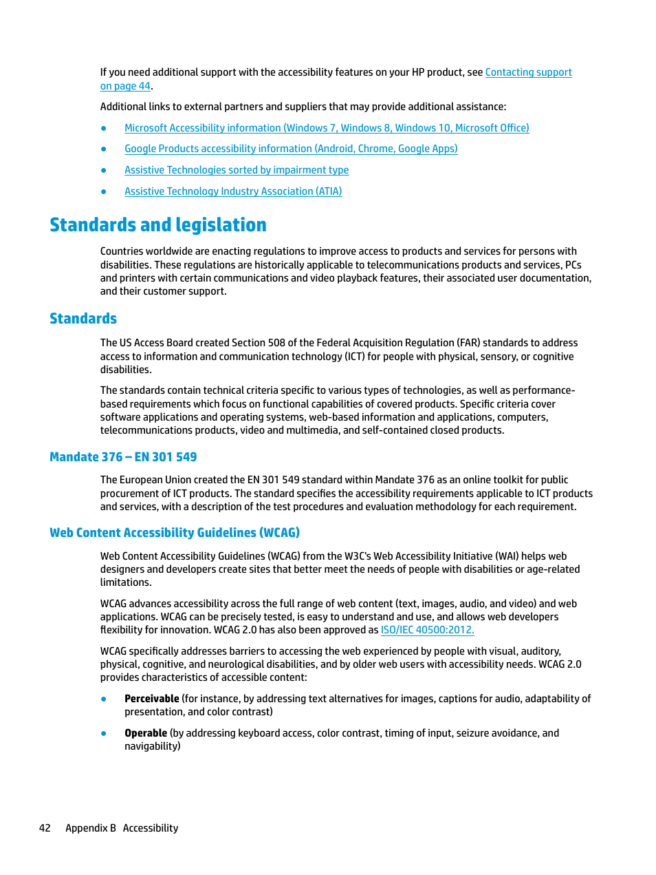 Standards and legislation, Standards, Mandate 376 – en 301 549 | Web content accessibility guidelines (wcag) | HP E27d G4 27" 16:9 Advanced Docking IPS Monitor User Manual | Page 50 / 52