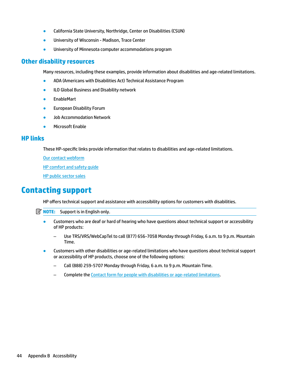 Other disability resources, Hp links, Contacting support | Other disability resources hp links | HP E27d G4 27" 16:9 Advanced Docking IPS Monitor User Manual | Page 52 / 52
