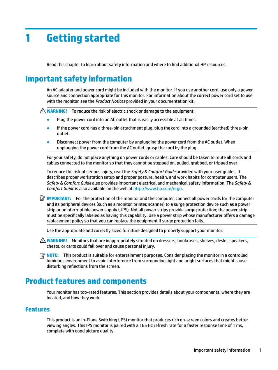 Getting started, Important safety information, Product features and components | Features, 1 getting started, 1getting started | HP E27d G4 27" 16:9 Advanced Docking IPS Monitor User Manual | Page 9 / 52