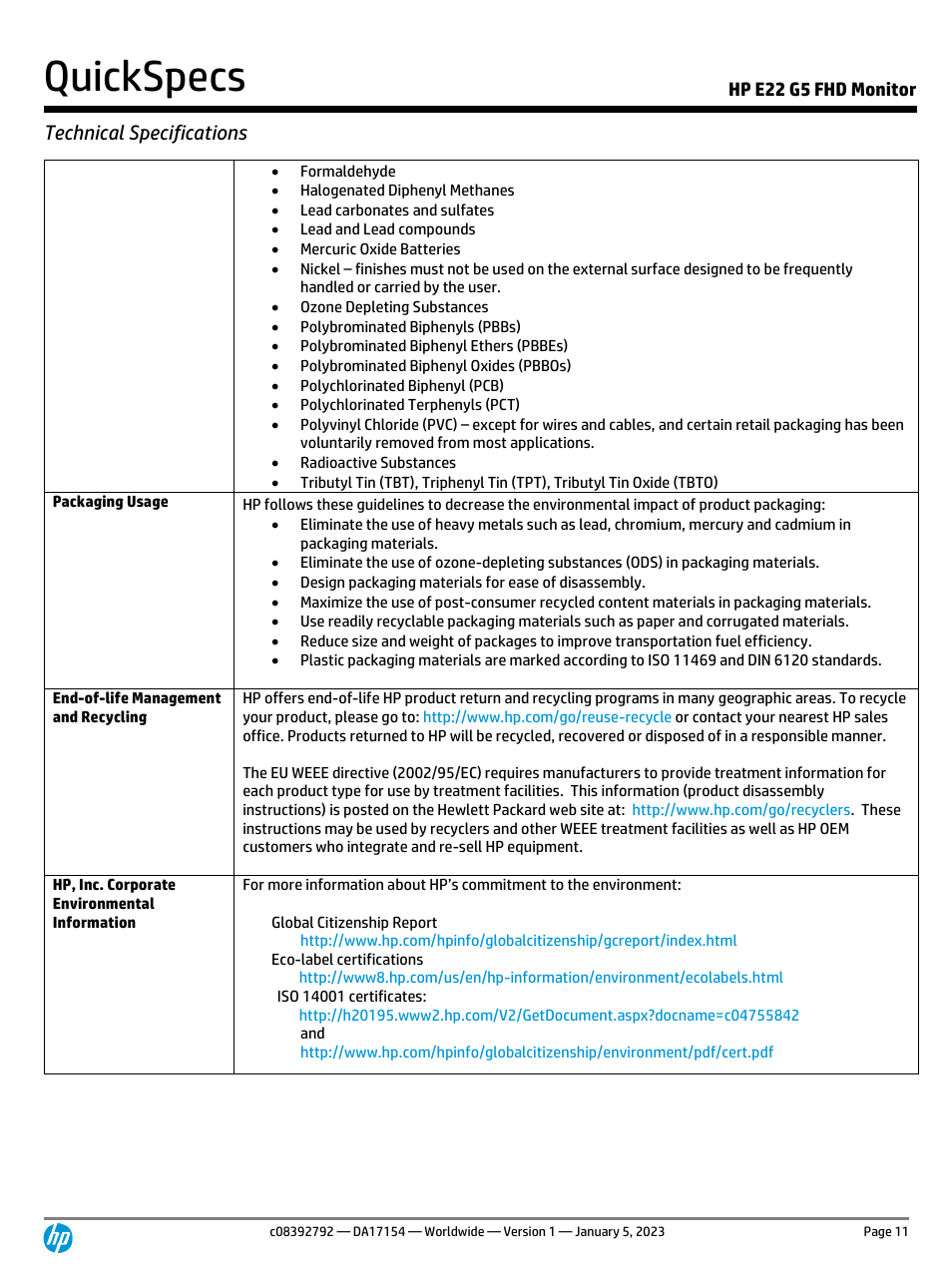 Quickspecs, Technical specifications, Hp e22 g5 fhd monitor | HP E22 G5 21.5" Monitor User Manual | Page 11 / 14