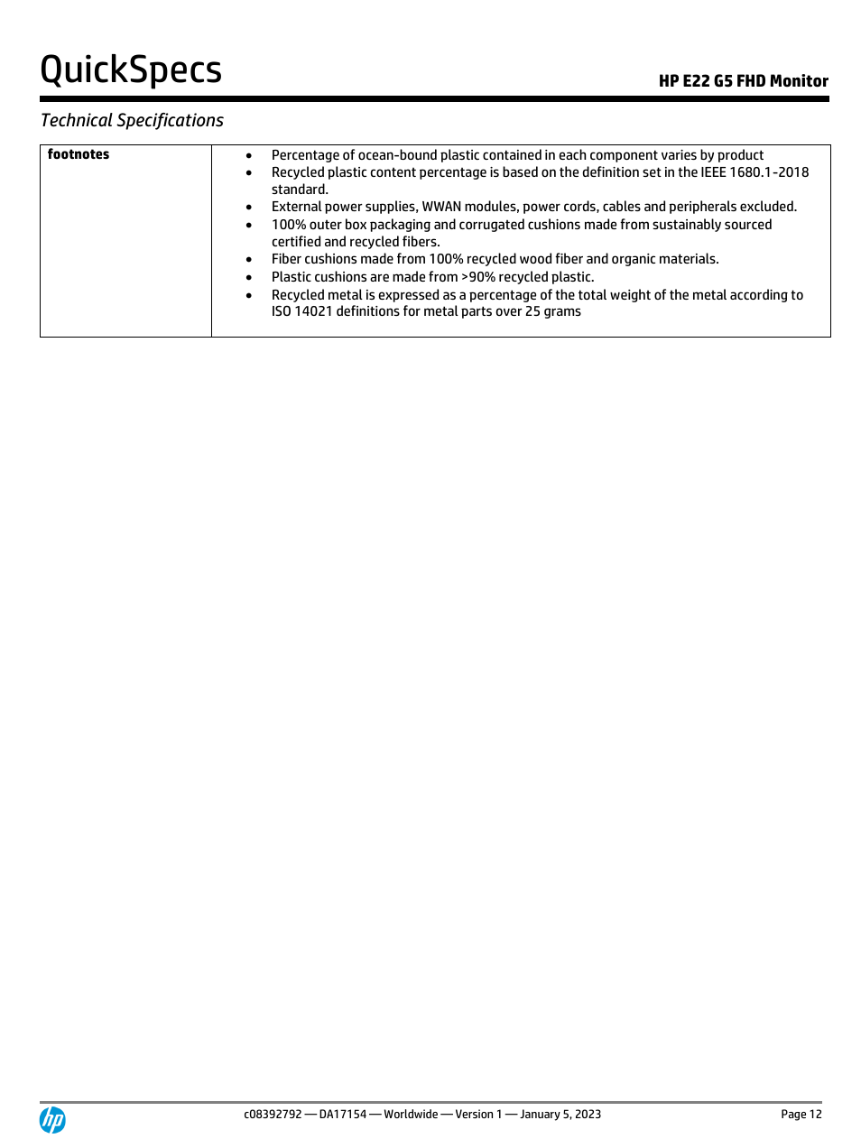 Quickspecs, Technical specifications, Hp e22 g5 fhd monitor | HP E22 G5 21.5" Monitor User Manual | Page 12 / 14