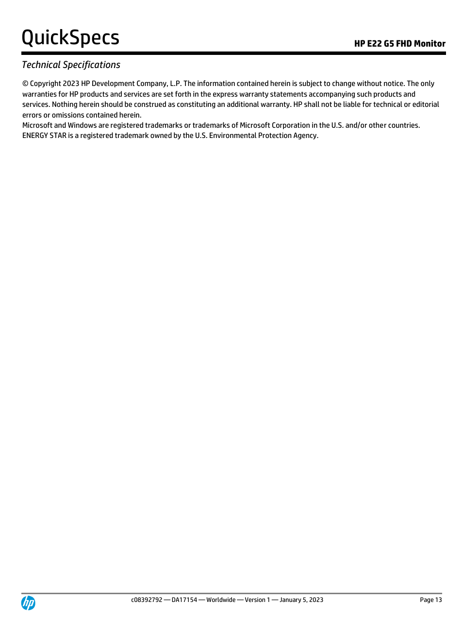 Quickspecs, Technical specifications, Hp e22 g5 fhd monitor | HP E22 G5 21.5" Monitor User Manual | Page 13 / 14