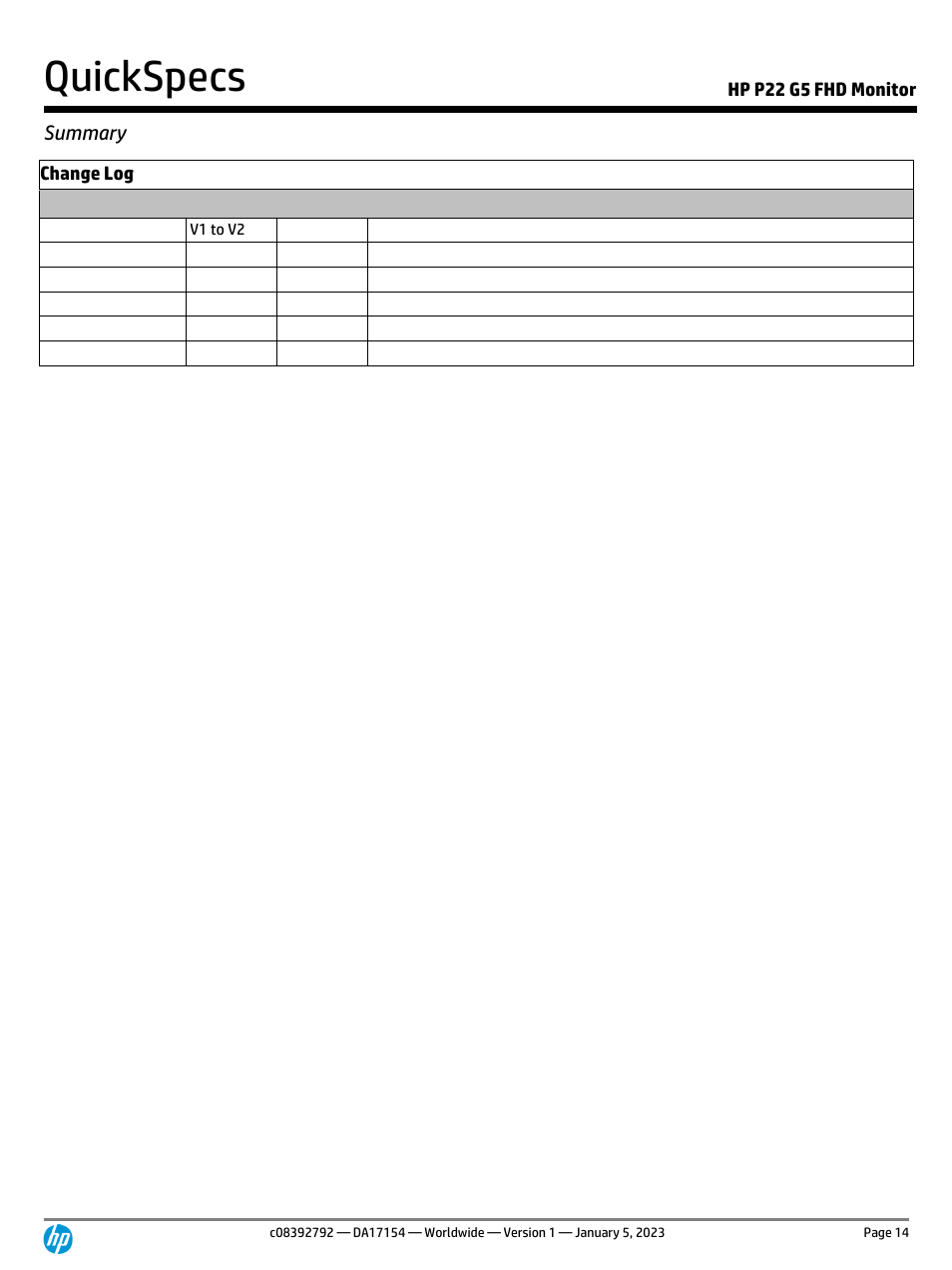 Summary, Quickspecs, Hp p22 g5 fhd monitor | Change log | HP E22 G5 21.5" Monitor User Manual | Page 14 / 14