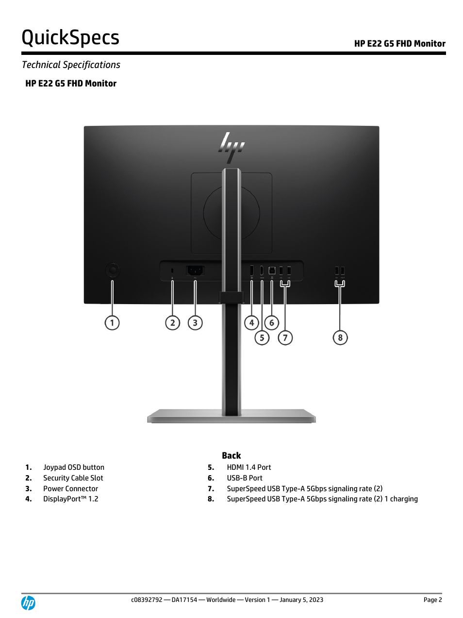 Quickspecs, Technical specifications, Hp e22 g5 fhd monitor | Hp e22 g5 fhd monitor back | HP E22 G5 21.5" Monitor User Manual | Page 2 / 14