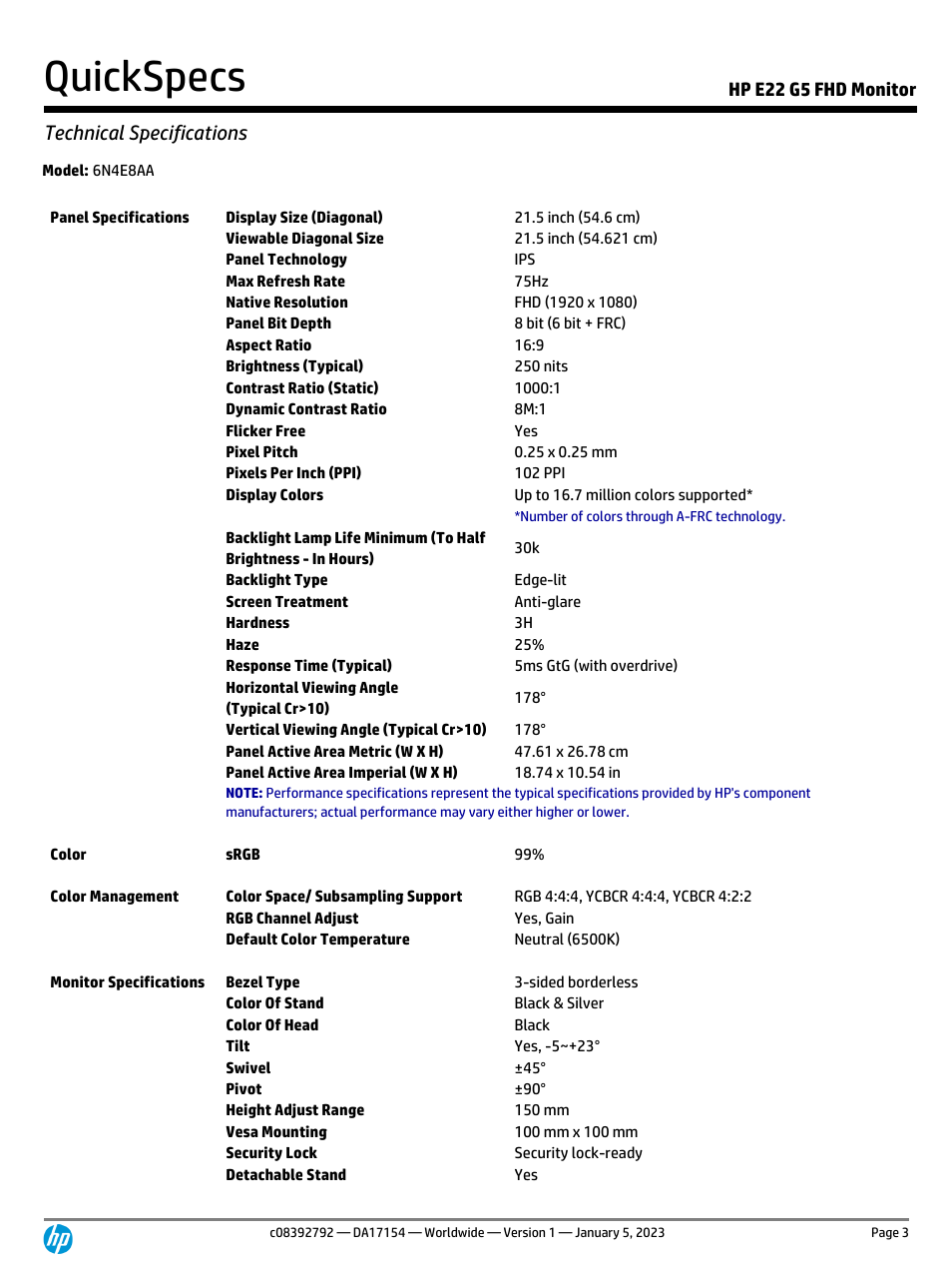 Quickspecs, Technical specifications, Hp e22 g5 fhd monitor | HP E22 G5 21.5" Monitor User Manual | Page 3 / 14