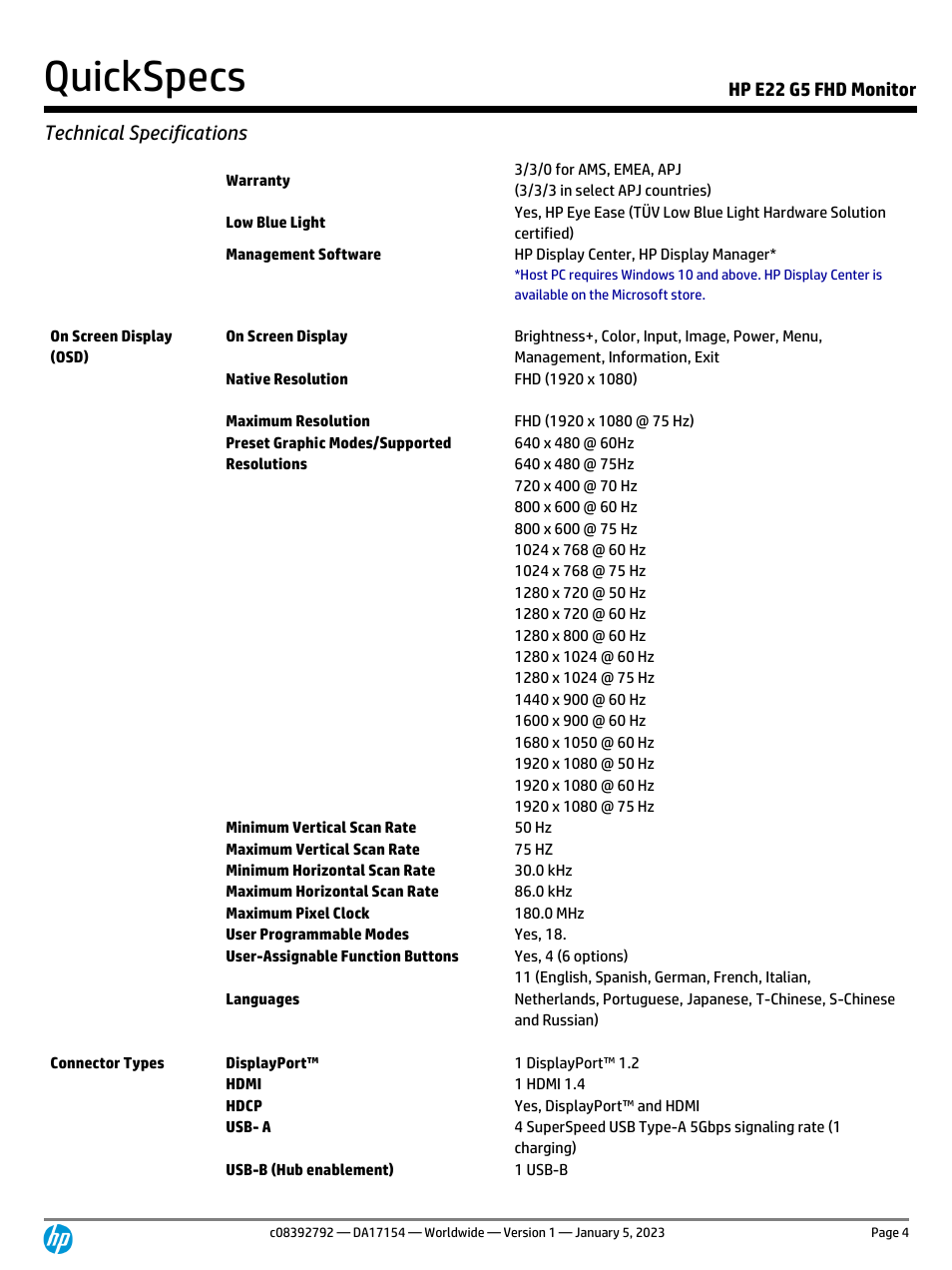 Quickspecs, Technical specifications, Hp e22 g5 fhd monitor | HP E22 G5 21.5" Monitor User Manual | Page 4 / 14
