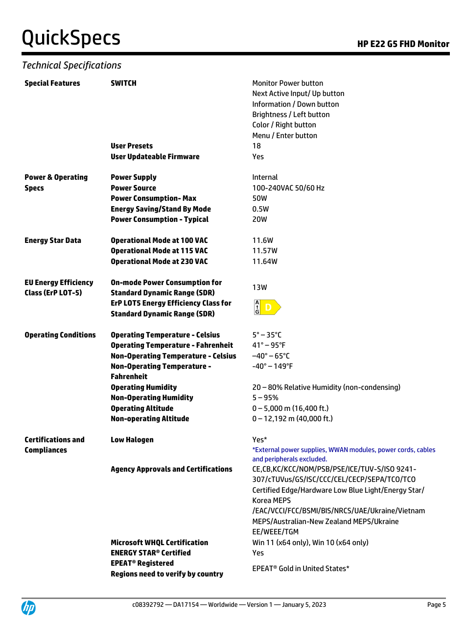 Quickspecs, Technical specifications, Hp e22 g5 fhd monitor | HP E22 G5 21.5" Monitor User Manual | Page 5 / 14