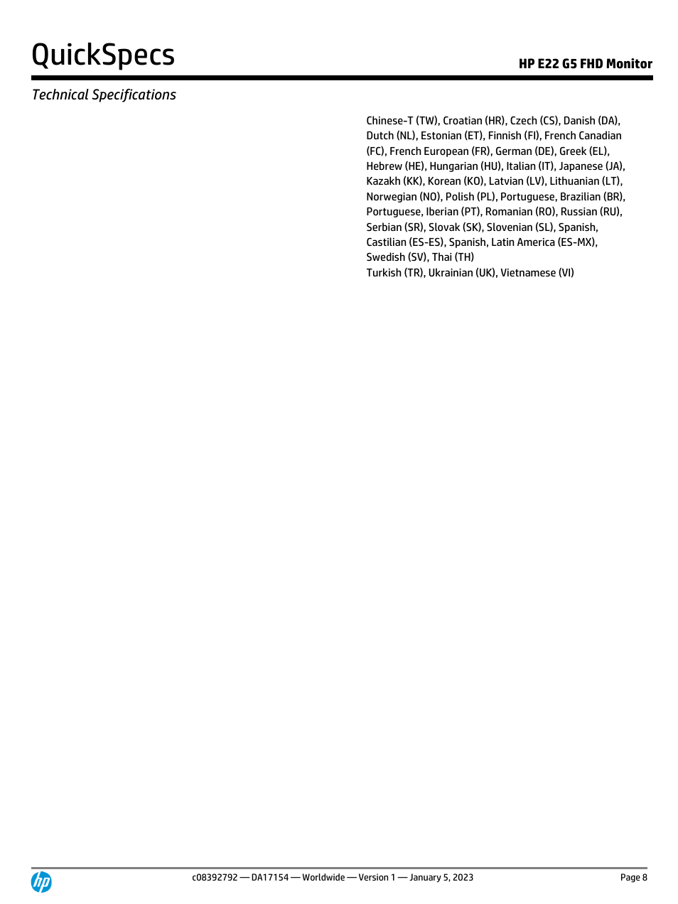 Quickspecs, Technical specifications, Hp e22 g5 fhd monitor | HP E22 G5 21.5" Monitor User Manual | Page 8 / 14