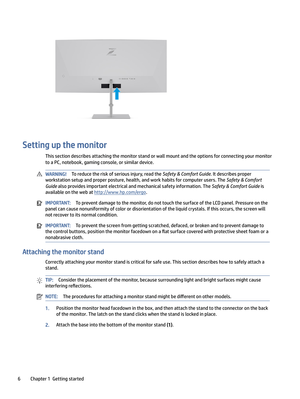 Setting up the monitor, Attaching the monitor stand, Ting up the monitor | Taching the monitor stand | HP Z40c G3 39.7" 21:9 Curved 5K IPS Monitor User Manual | Page 11 / 45