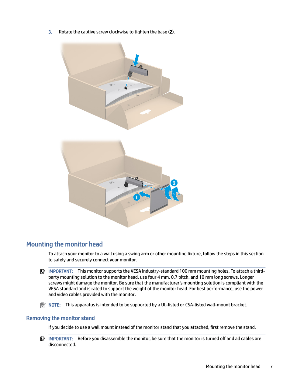 Mounting the monitor head, Removing the monitor stand, Unting the monitor head | Emoving the monitor stand | HP Z40c G3 39.7" 21:9 Curved 5K IPS Monitor User Manual | Page 12 / 45