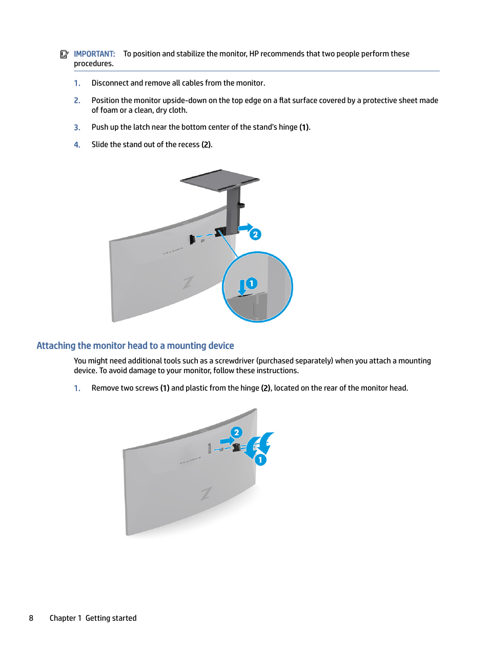 Attaching the monitor head to a mounting device, Taching the monitor head to a mounting device | HP Z40c G3 39.7" 21:9 Curved 5K IPS Monitor User Manual | Page 13 / 45