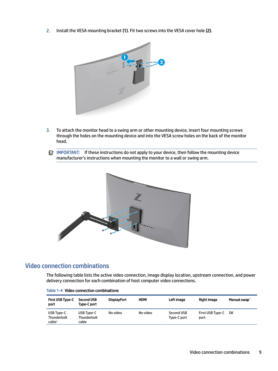 Video connection combinations | HP Z40c G3 39.7" 21:9 Curved 5K IPS Monitor User Manual | Page 14 / 45