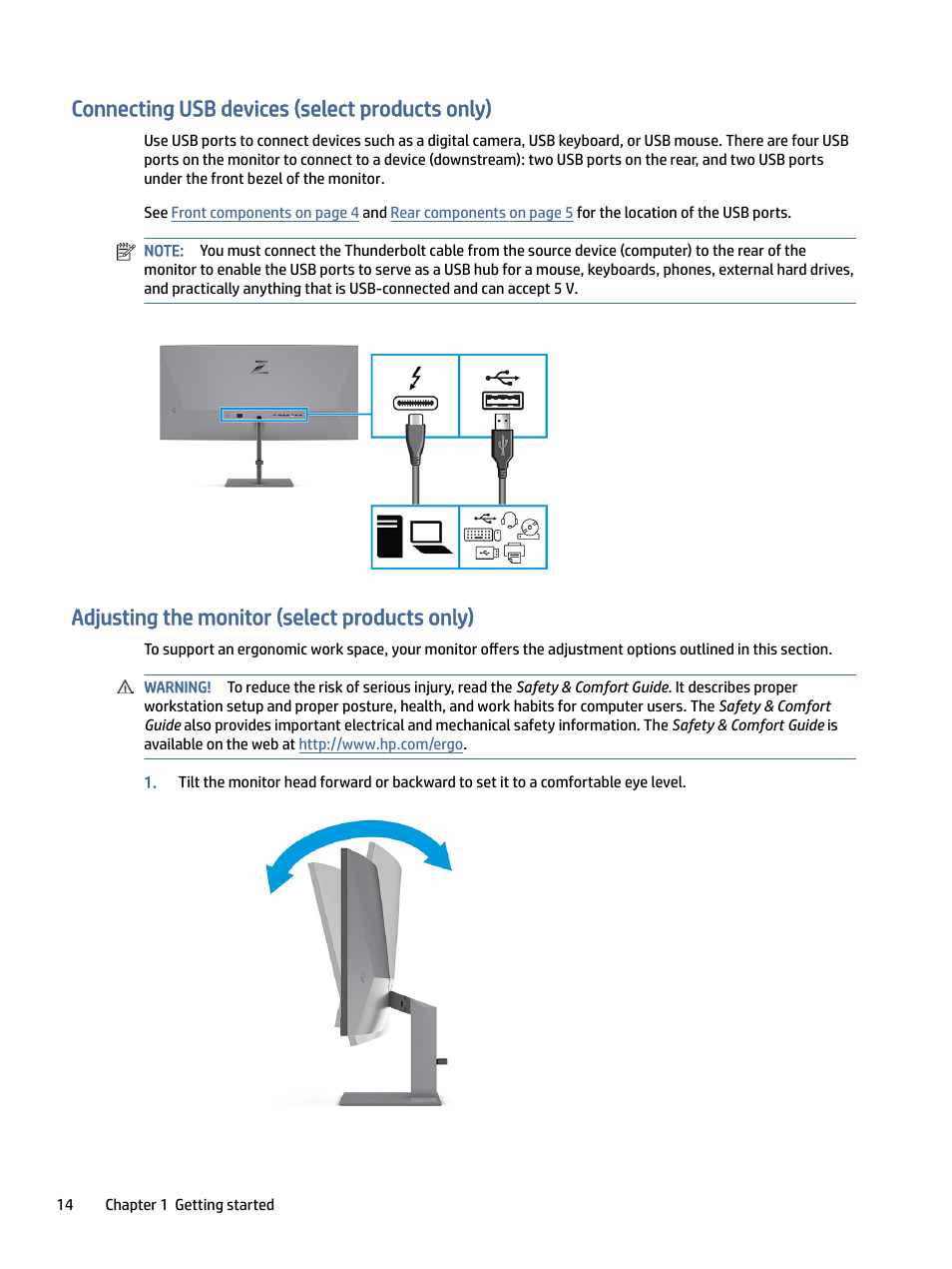 Connecting usb devices (select products only), Adjusting the monitor (select products only), Onnecting usb devices (select products only) | Djusting the monitor (select products only) | HP Z40c G3 39.7" 21:9 Curved 5K IPS Monitor User Manual | Page 19 / 45