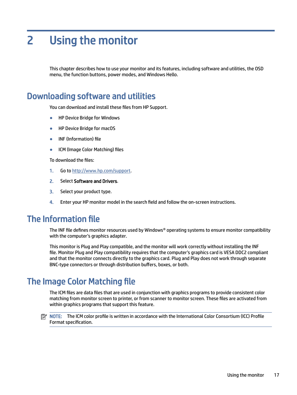 Using the monitor, Downloading software and utilities, The information file | The image color matching file, Sing the monitor, Wnloading software and utilities, Using the monitor 2 | HP Z40c G3 39.7" 21:9 Curved 5K IPS Monitor User Manual | Page 22 / 45