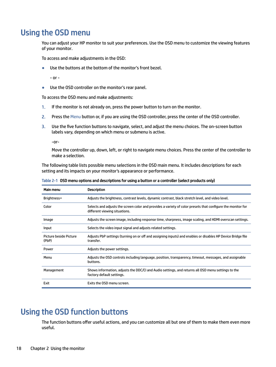 Using the osd menu, Using the osd function buttons, Sing the osd menu | Sing the osd function buttons | HP Z40c G3 39.7" 21:9 Curved 5K IPS Monitor User Manual | Page 23 / 45