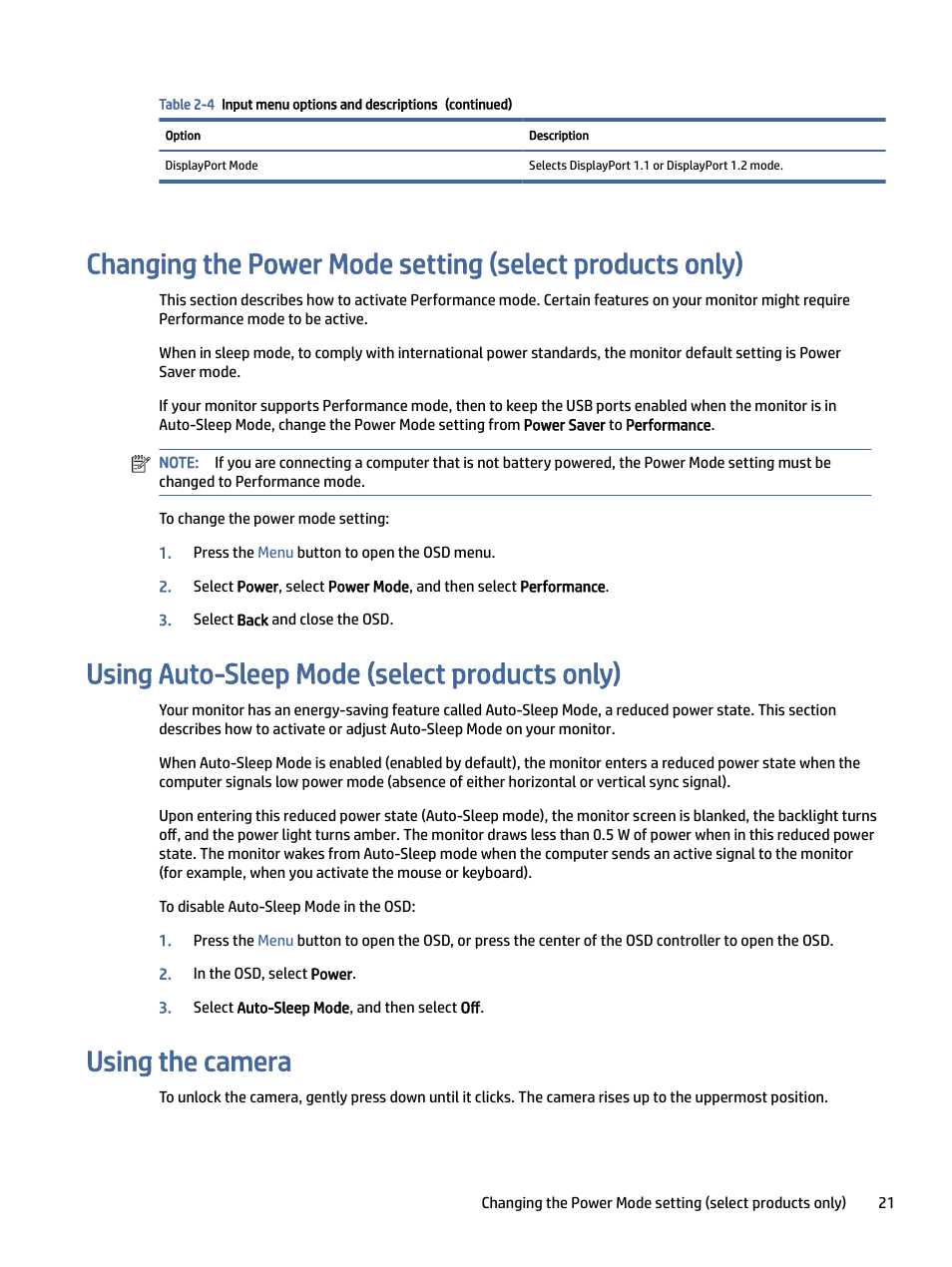 Using auto-sleep mode (select products only), Using the camera, Sing auto-sleep mode (select products only) | Sing the camera | HP Z40c G3 39.7" 21:9 Curved 5K IPS Monitor User Manual | Page 26 / 45
