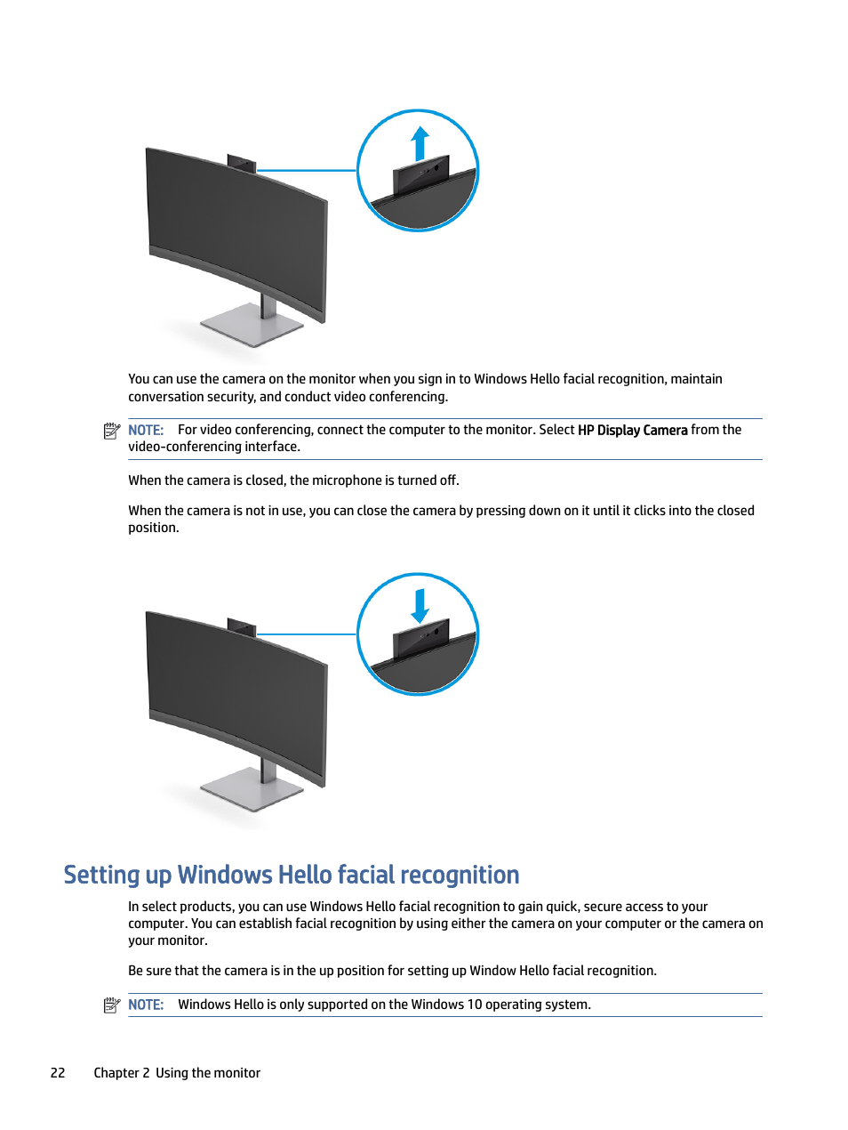 Setting up windows hello facial recognition, Ting up windows hello facial recognition | HP Z40c G3 39.7" 21:9 Curved 5K IPS Monitor User Manual | Page 27 / 45