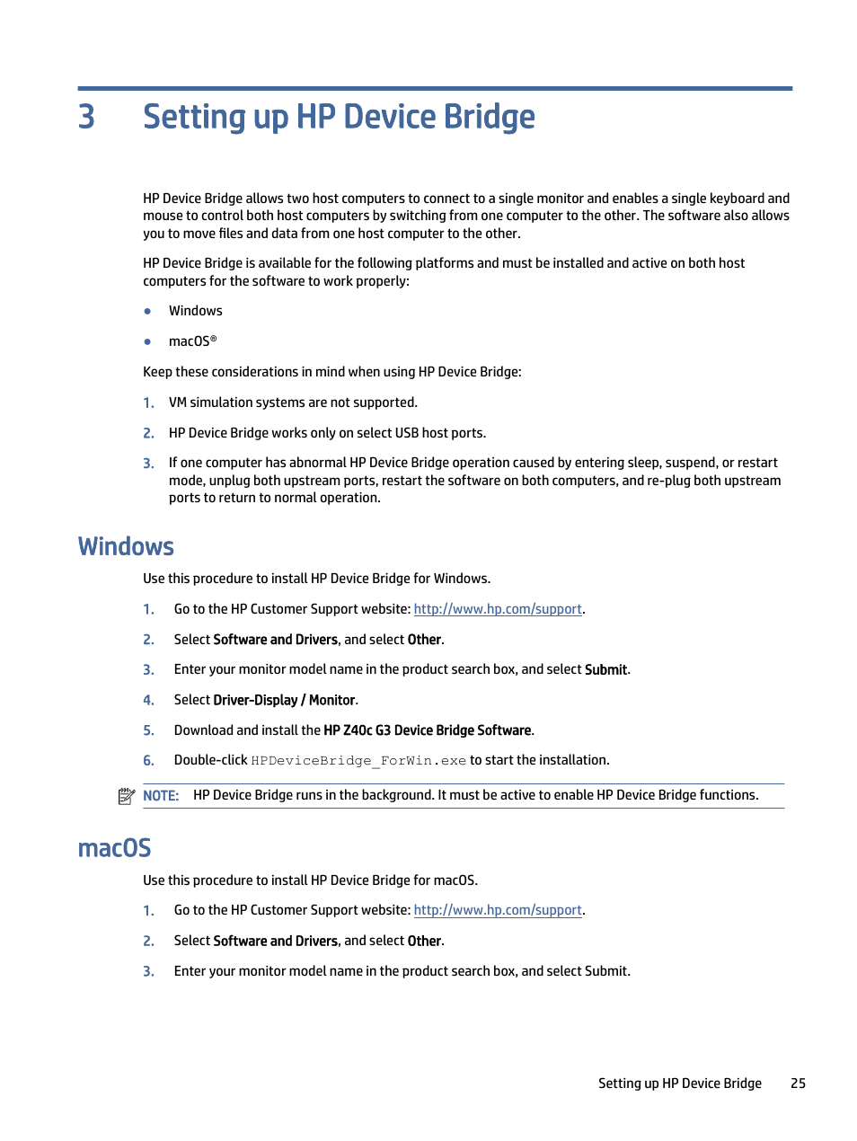 Setting up hp device bridge, Windows, Macos | Acos, Setting up hp device bridge 3 | HP Z40c G3 39.7" 21:9 Curved 5K IPS Monitor User Manual | Page 30 / 45