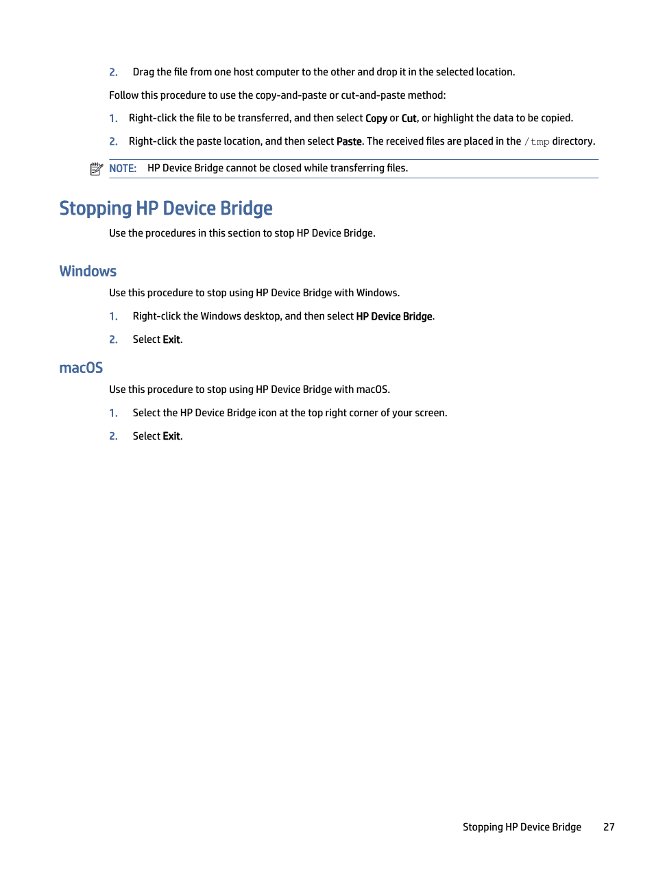 Stopping hp device bridge, Windows, Macos | Ping hp device bridge, Acos | HP Z40c G3 39.7" 21:9 Curved 5K IPS Monitor User Manual | Page 32 / 45
