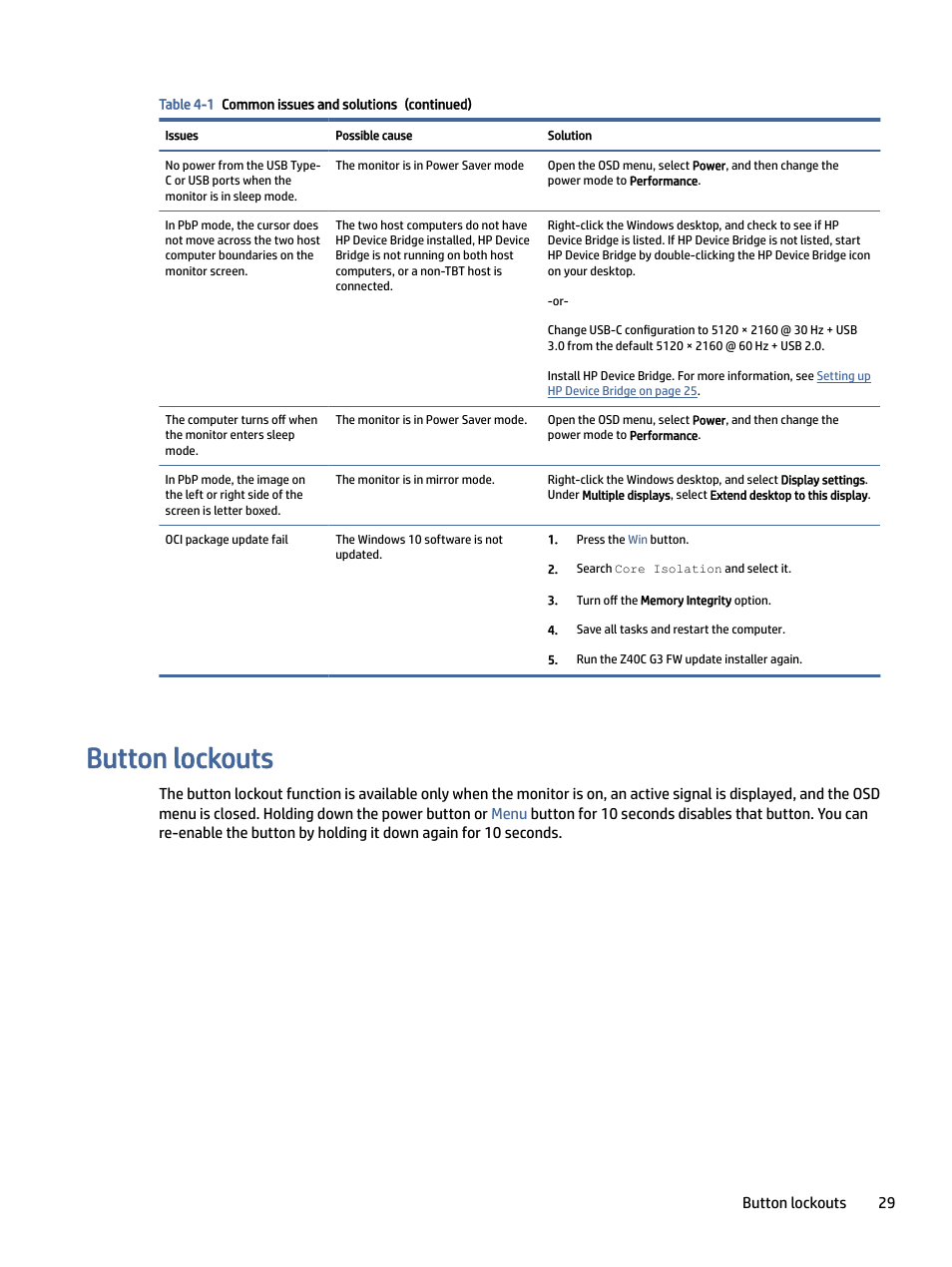 Button lockouts, On lockouts | HP Z40c G3 39.7" 21:9 Curved 5K IPS Monitor User Manual | Page 34 / 45