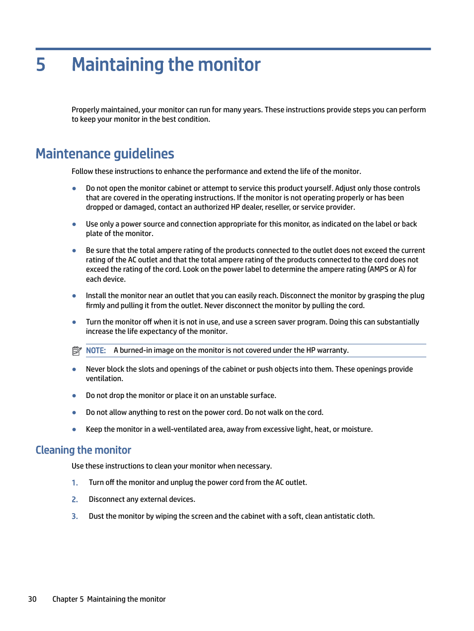 Maintaining the monitor, Maintenance guidelines, Cleaning the monitor | Aning the monitor, Maintaining the monitor 5 | HP Z40c G3 39.7" 21:9 Curved 5K IPS Monitor User Manual | Page 35 / 45