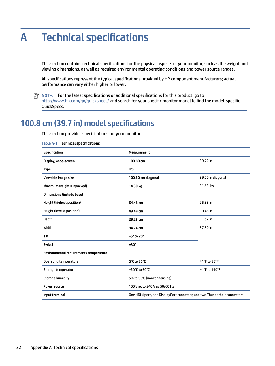 Technical specifications, 8 cm (39.7 in) model specifications, Echnical specifications | Technical specifications a | HP Z40c G3 39.7" 21:9 Curved 5K IPS Monitor User Manual | Page 37 / 45