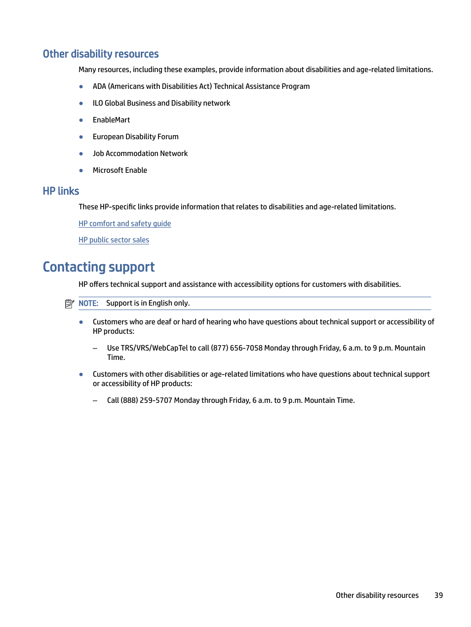 Other disability resources, Hp links, Contacting support | Ontacting support, Contacting support on | HP Z40c G3 39.7" 21:9 Curved 5K IPS Monitor User Manual | Page 44 / 45