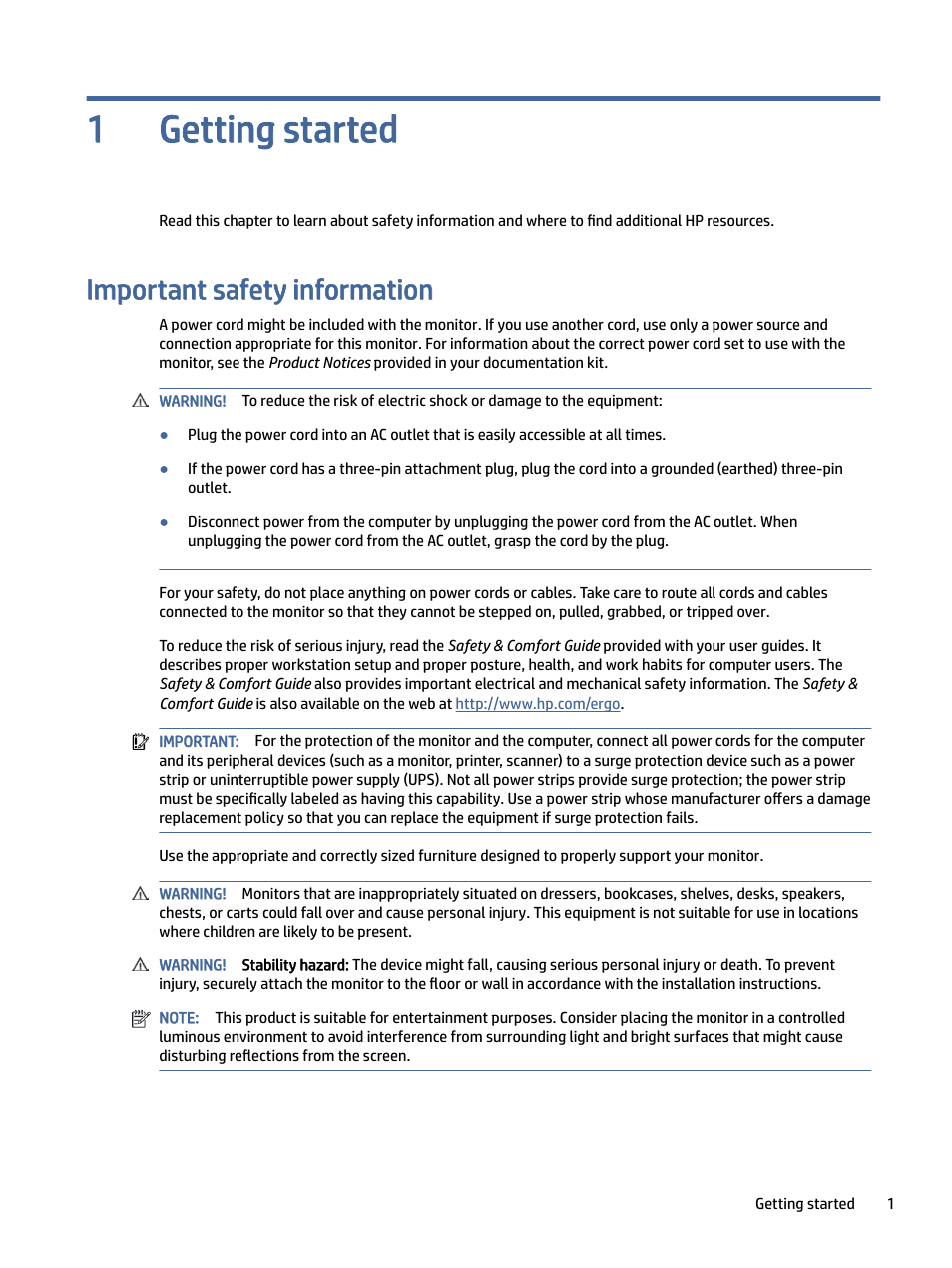 Getting started, Important safety information, Getting started 1 | HP Z40c G3 39.7" 21:9 Curved 5K IPS Monitor User Manual | Page 6 / 45