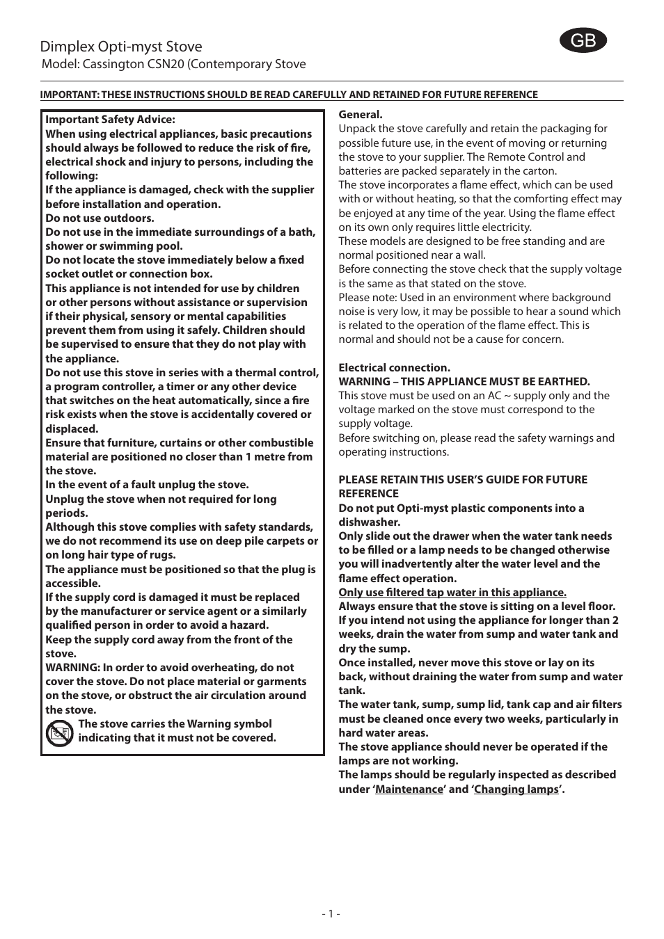 Dimplex opti-myst stove | Dimplex CASSINGTON EN55014 User Manual | Page 7 / 52