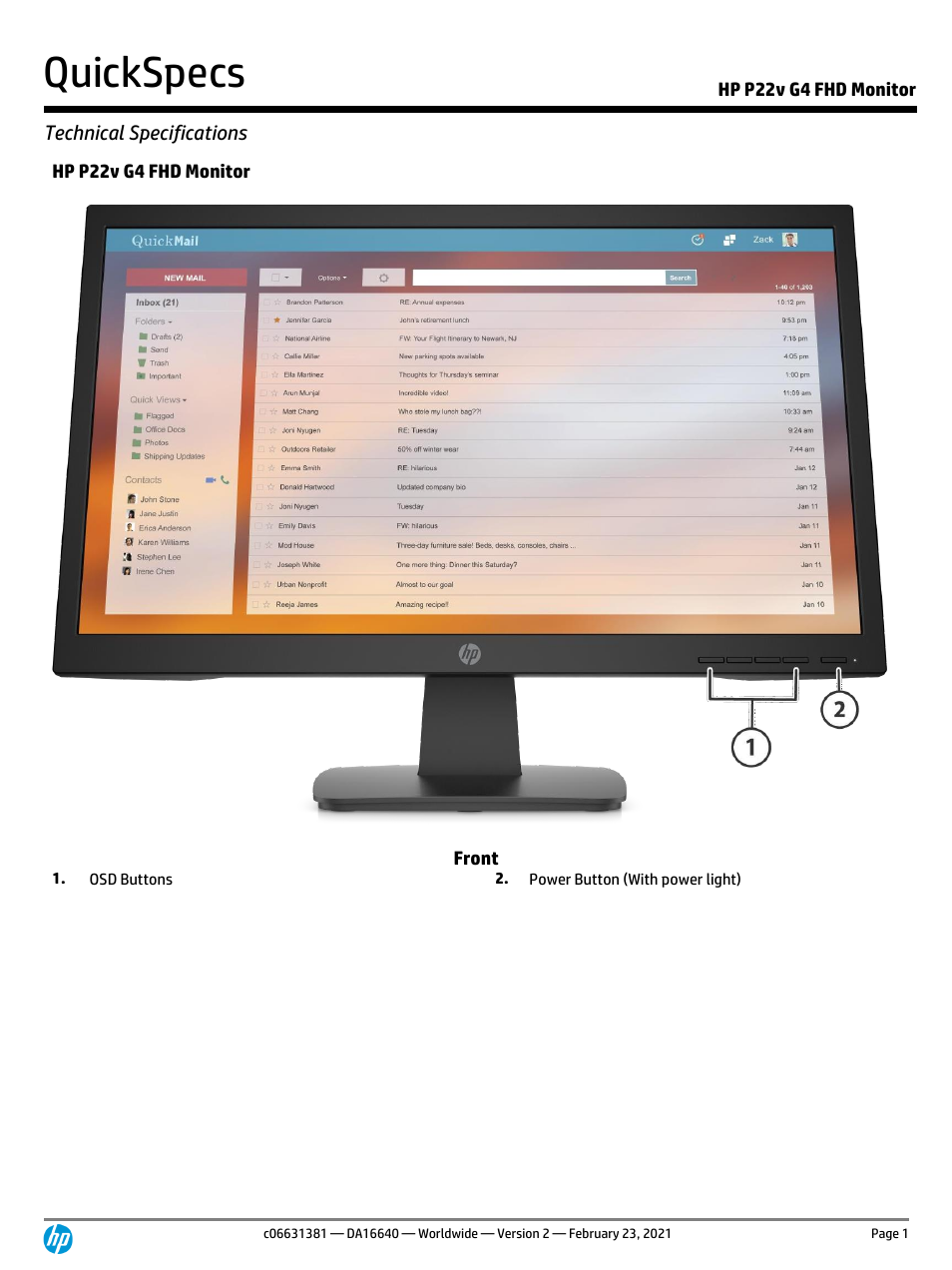 HP P22v G4 21.5" 16:9 TN Monitor User Manual | 7 pages