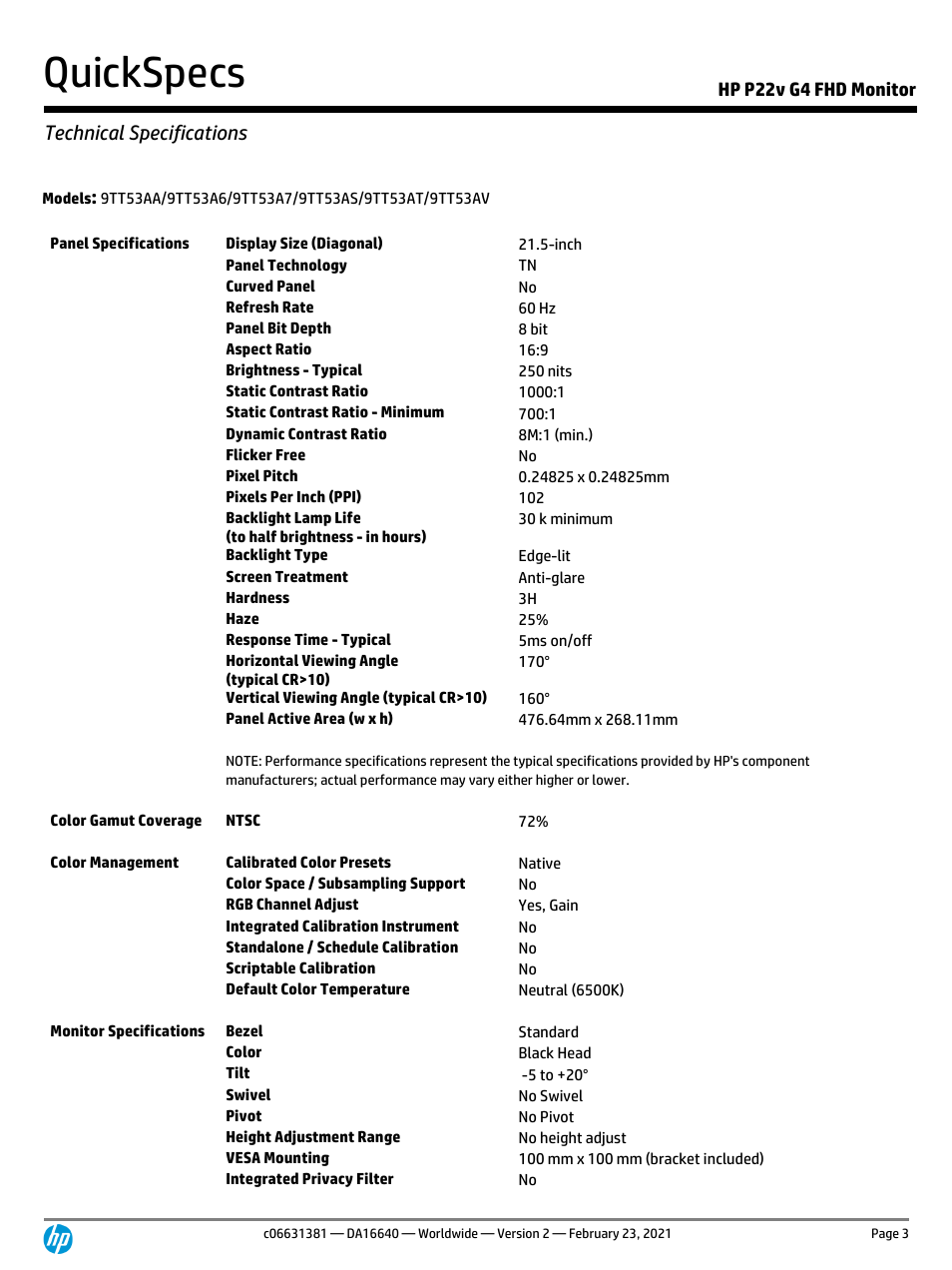 Quickspecs, Technical specifications, Hp p22v g4 fhd monitor | HP P22v G4 21.5" 16:9 TN Monitor User Manual | Page 3 / 7