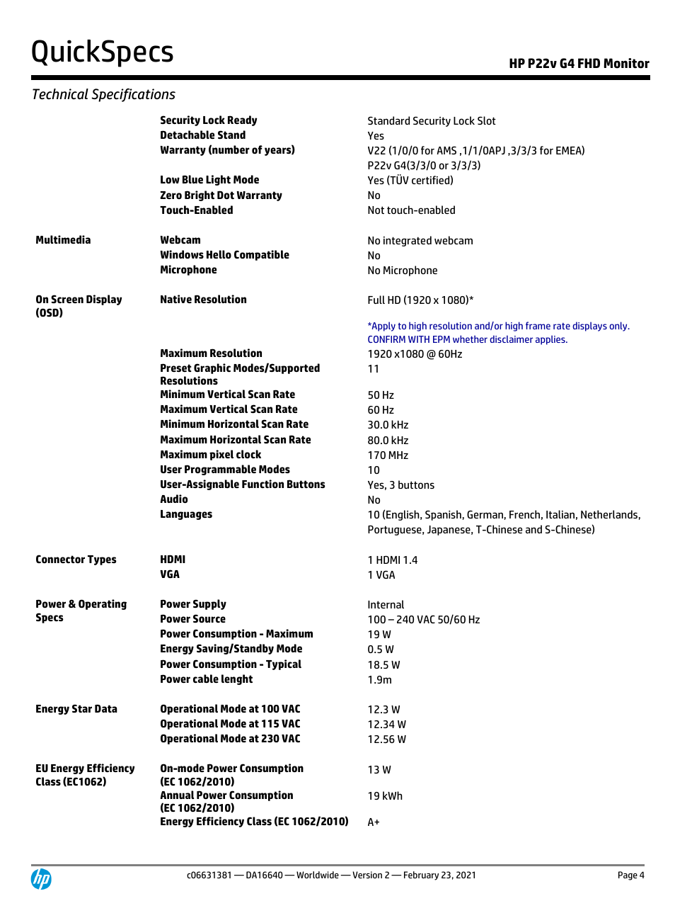 Quickspecs, Technical specifications, Hp p22v g4 fhd monitor | HP P22v G4 21.5" 16:9 TN Monitor User Manual | Page 4 / 7