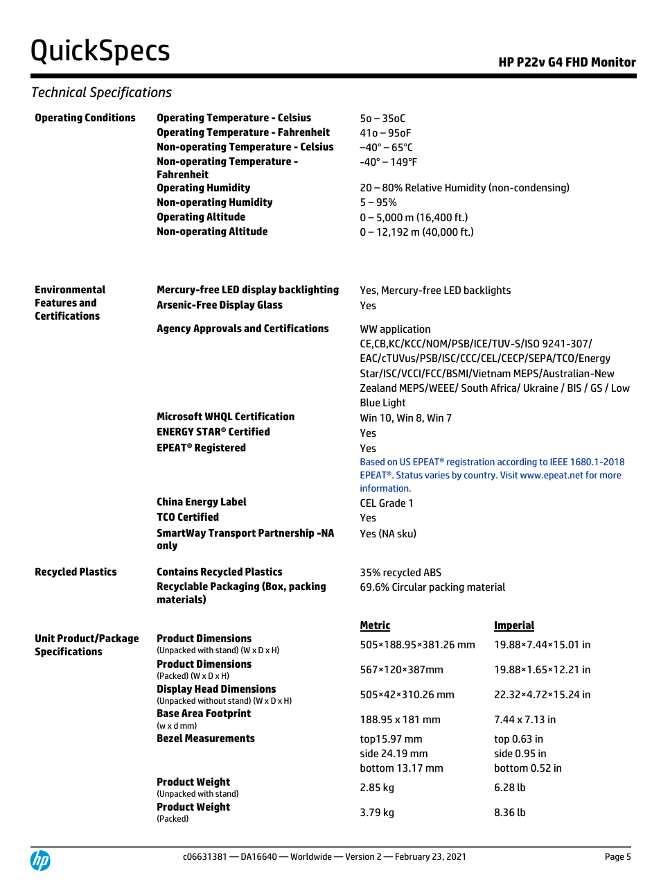 Quickspecs, Technical specifications, Hp p22v g4 fhd monitor | HP P22v G4 21.5" 16:9 TN Monitor User Manual | Page 5 / 7