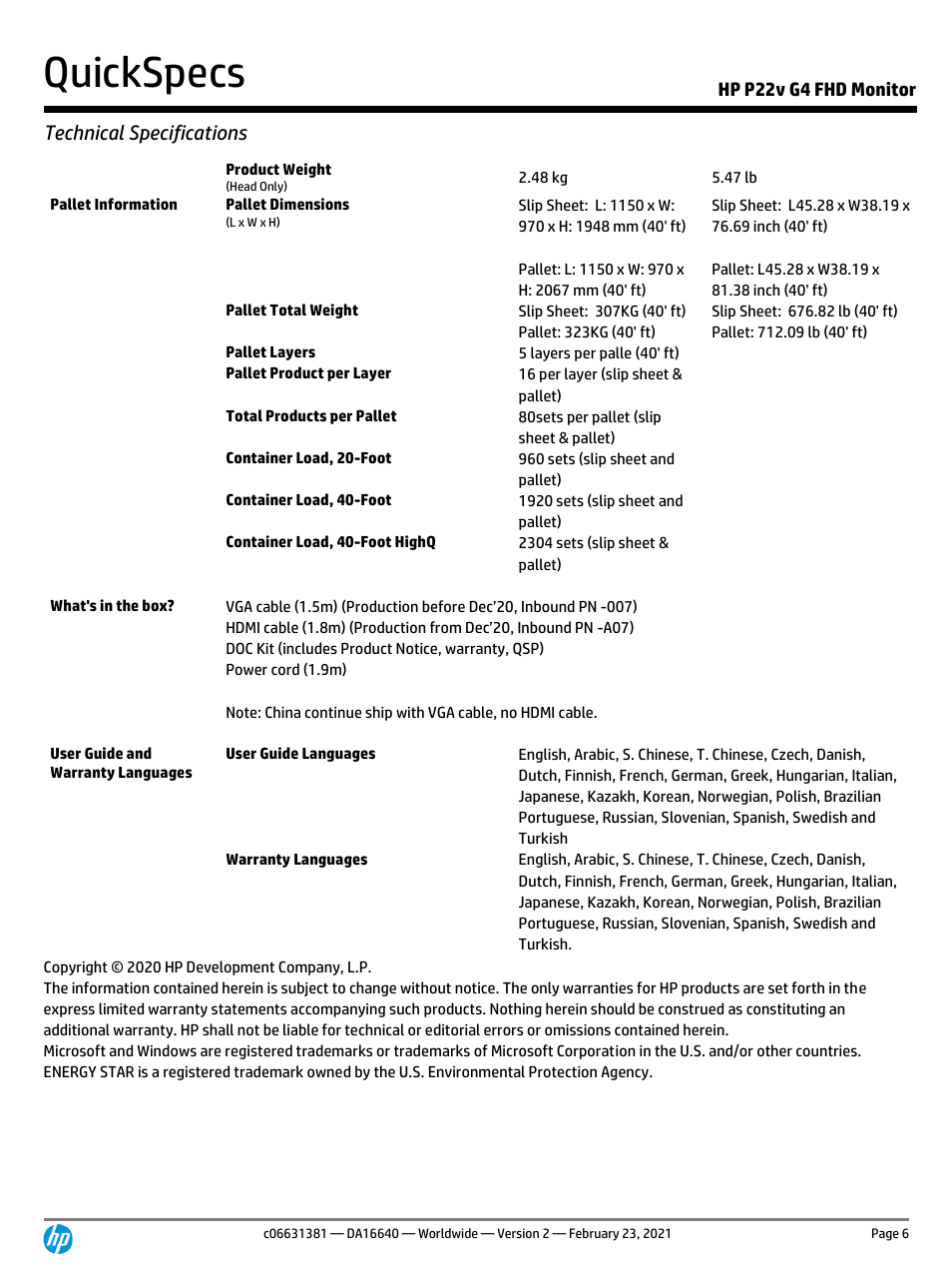 Quickspecs, Technical specifications, Hp p22v g4 fhd monitor | HP P22v G4 21.5" 16:9 TN Monitor User Manual | Page 6 / 7