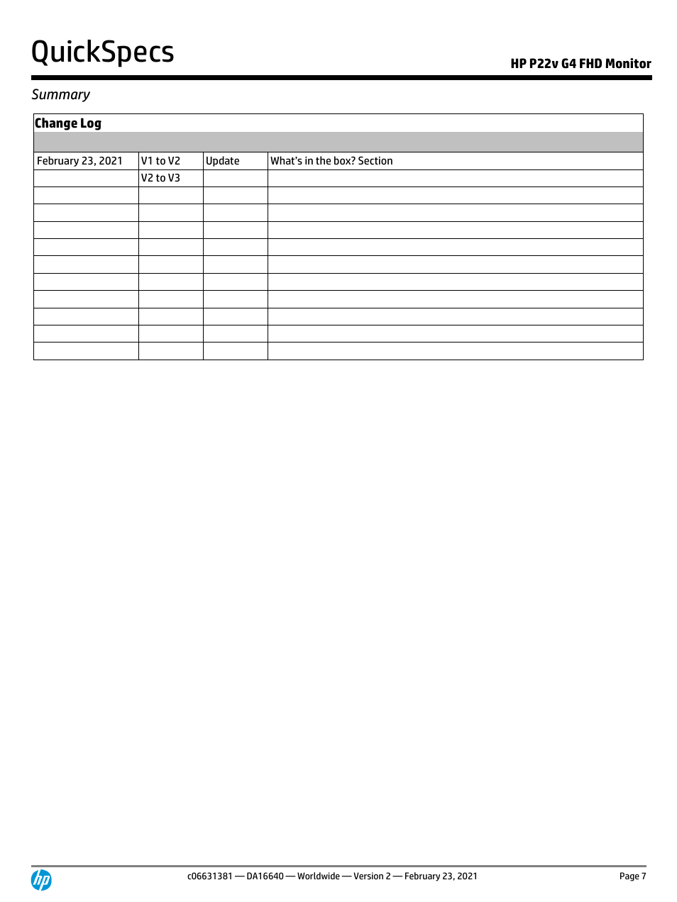 Summary, Quickspecs, Hp p22v g4 fhd monitor | Change log | HP P22v G4 21.5" 16:9 TN Monitor User Manual | Page 7 / 7