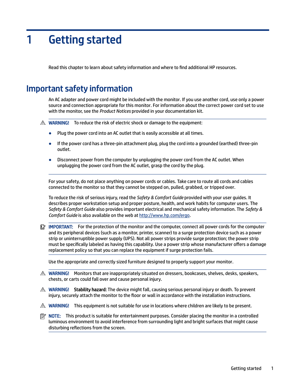 Getting started, Important safety information, Important safety information more hp resources | Preparing to call technical support, Getting to know your monitor, Setting up the monitor, Getting started 1 | HP M24 23.8" Webcam Monitor User Manual | Page 6 / 38