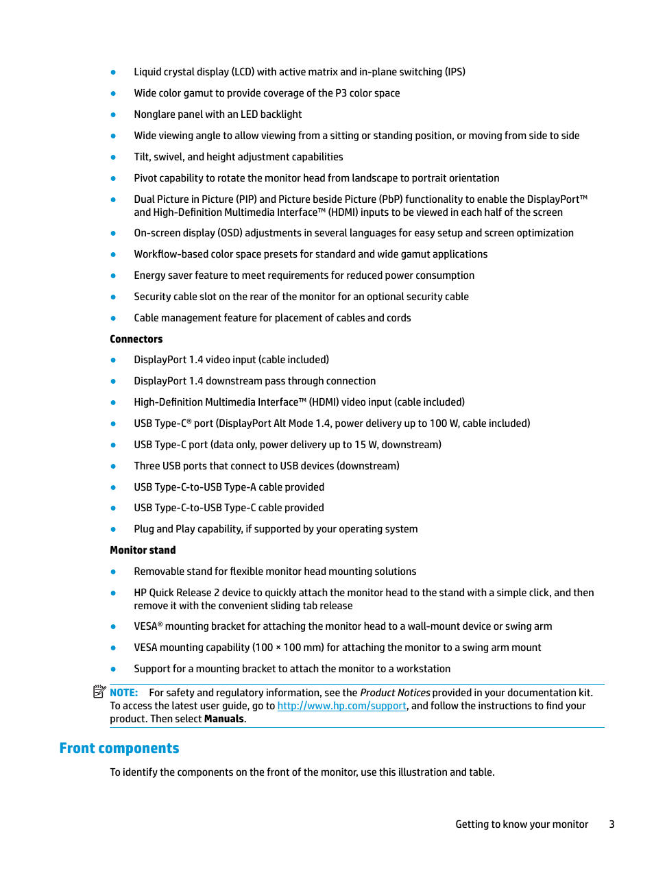 Front components | HP Z31x 31.1" 17:9 DreamColor Studio Cinema 4K IPS Display User Manual | Page 11 / 45