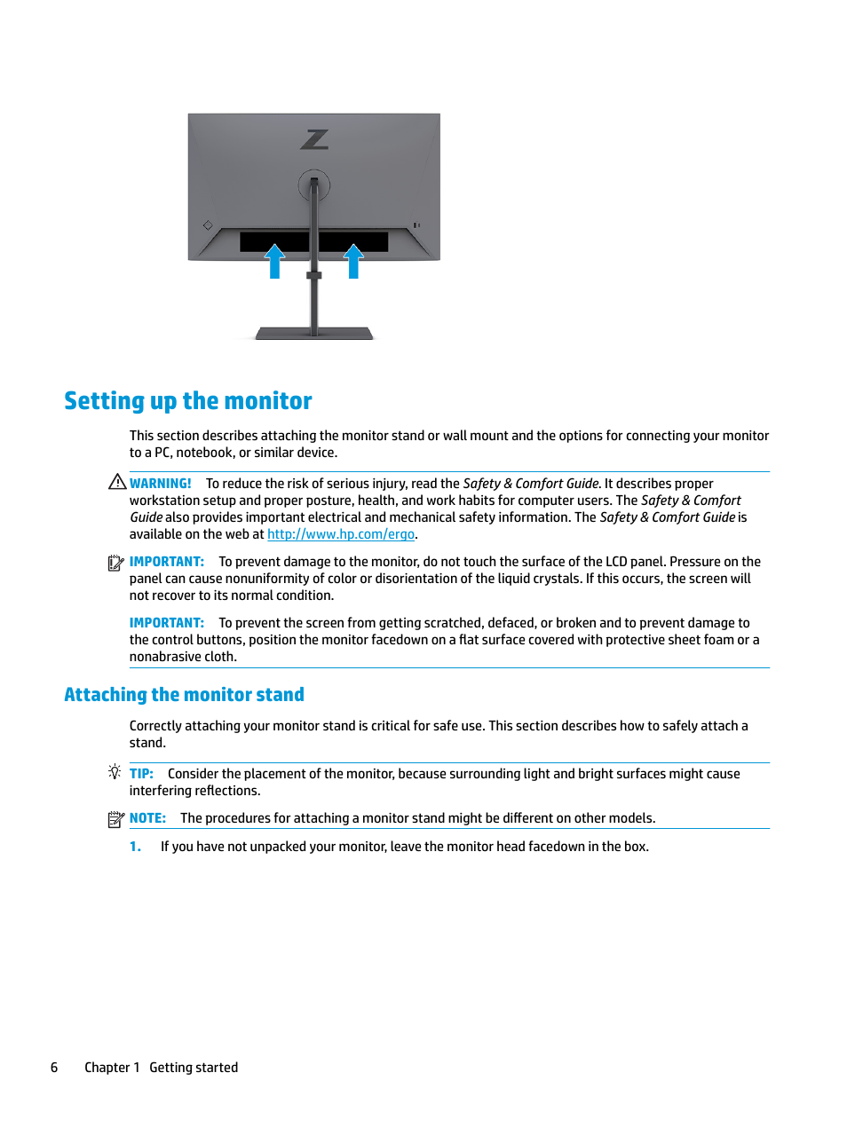 Setting up the monitor, Attaching the monitor stand | HP Z31x 31.1" 17:9 DreamColor Studio Cinema 4K IPS Display User Manual | Page 14 / 45