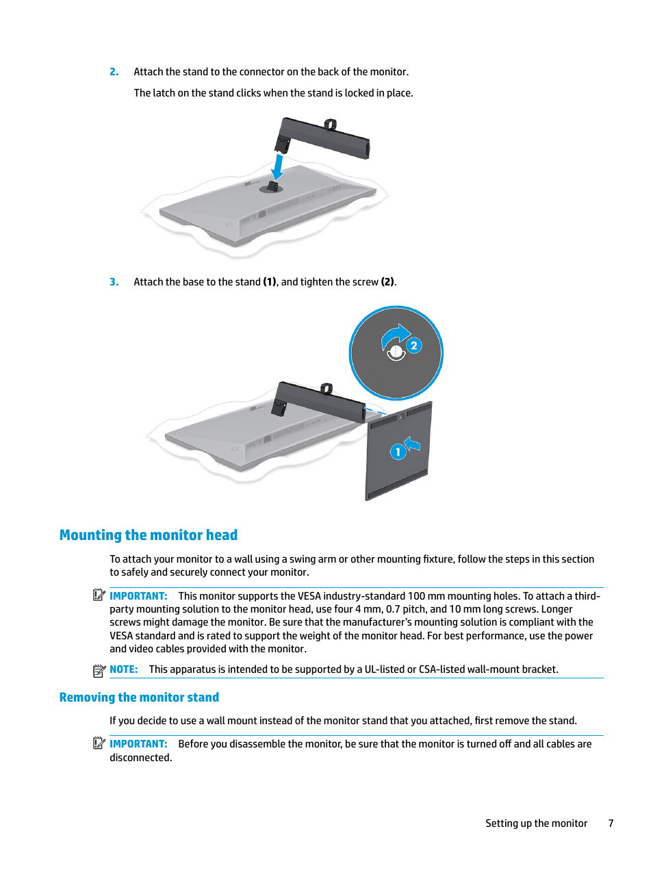 Mounting the monitor head, Removing the monitor stand | HP Z31x 31.1" 17:9 DreamColor Studio Cinema 4K IPS Display User Manual | Page 15 / 45